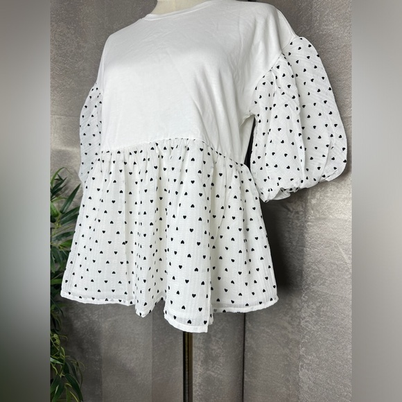 NWT English Factory Contrasting Heart Dotted Puff Sleeve Peplum Top White Sz S - Picture 7 of 13
